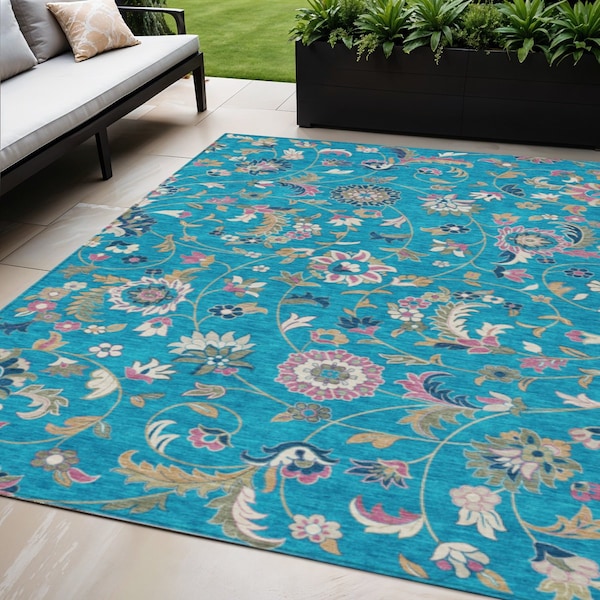 Homeroots 5' X 8' Teal Blue Ivory And Pink Floral Washable Indoor Outdoor Area Rug 597849 - main