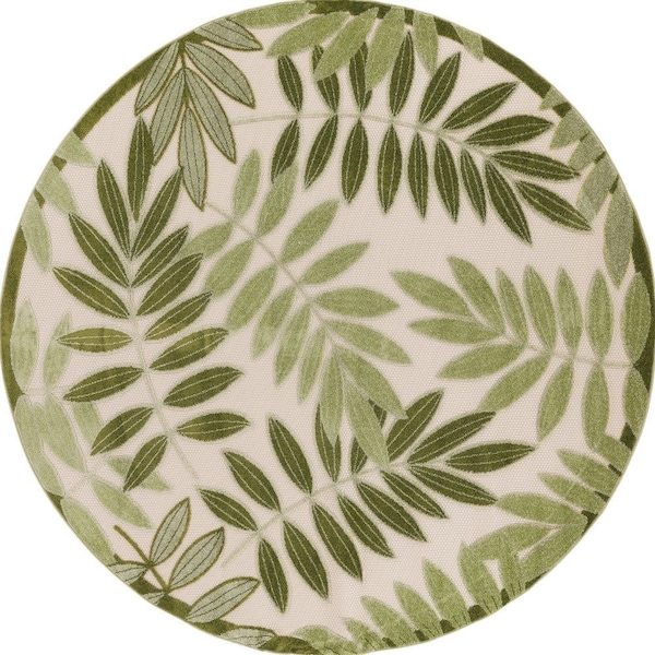 Homeroots 8' Ivory And Green Round Palm Leaf Indoor Outdoor Area Rug 548066 - main