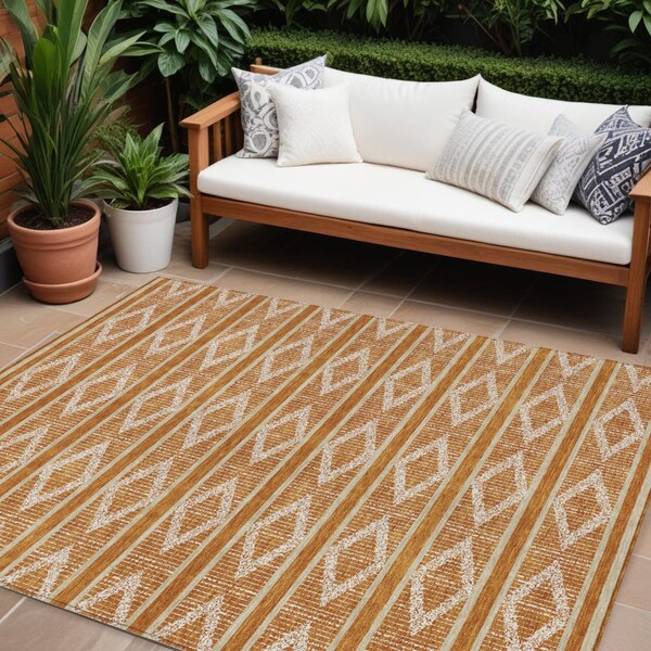 Homeroots 10' X 14' Copper And Ivory Geometric Washable Indoor Outdoor Area Rug 599657 - main