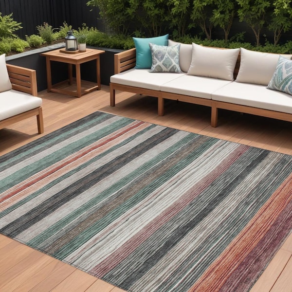 Homeroots 10' X 14' Pale Aqua Copper And Taupe Striped Washable Indoor Outdoor Area Rug 618267 - main