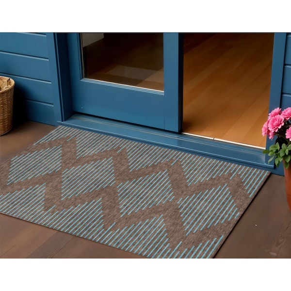 Homeroots 3' X 5' Brown And Aqua Geometric Washable Indoor Outdoor Area Rug 598728 - main