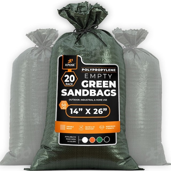 Xpose Safety Woven Green Polypropylene Sandbags, 14x26 in, 50 lb Capacity, Reusable Flood Protection, 20PK SBG-1426-20-X - main