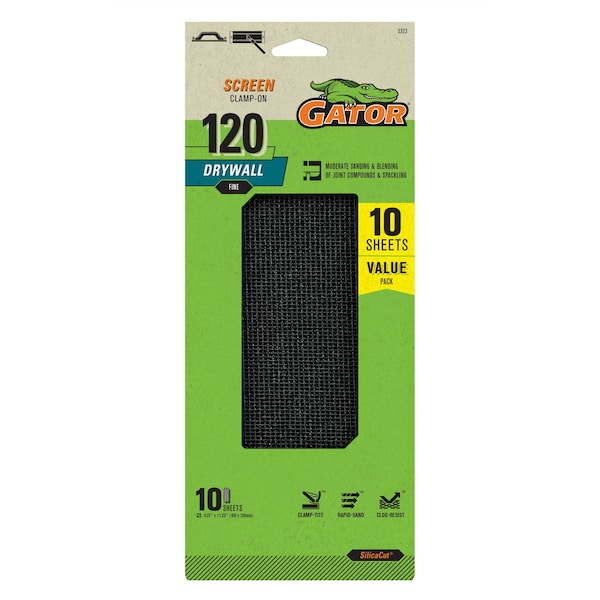 Gator Finishing SilicaCut Drywall Clamp-On Sanding Screen, 120 Grit, Fine, 10PK 3323 - main
