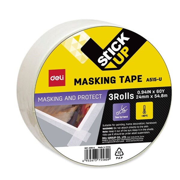 Deli Masking Tape 0.94in x 60yd, 3in Core, White, Writable, 36PK EA515-U - main