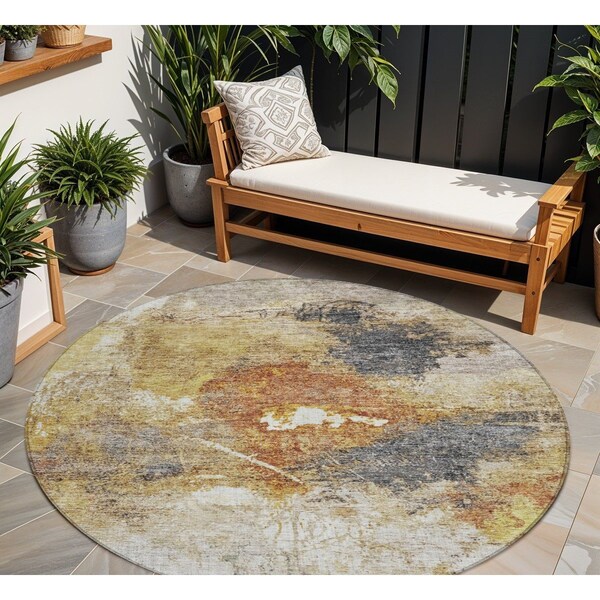 Homeroots 8' Taupe Black And Copper Round Abstract Washable Indoor Outdoor Area Rug 606027 - main