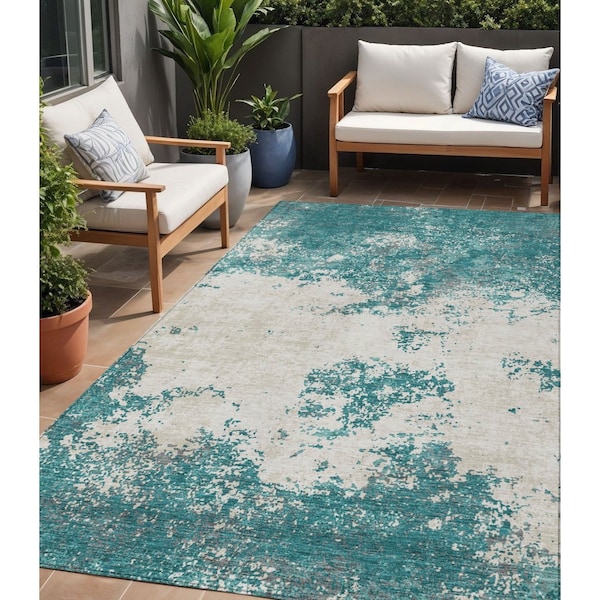 Homeroots 5' X 8' Teal Blue Ivory And Gray Abstract Washable Indoor Outdoor Area Rug 599521 - main
