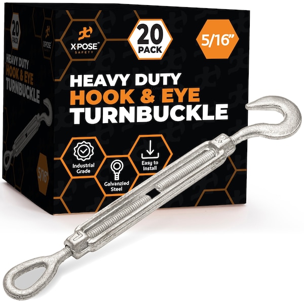 Xpose Safety 5/16in Hook and Eye Turnbuckle, Heavy Duty Galvanized Steel Turn Buckles, 20PK GTB516-HE-20-X-S - main