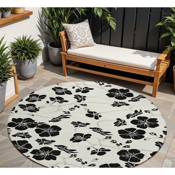 Homeroots 8' Ivory And Black Round Floral Washable Indoor Outdoor Area Rug 600008 - main