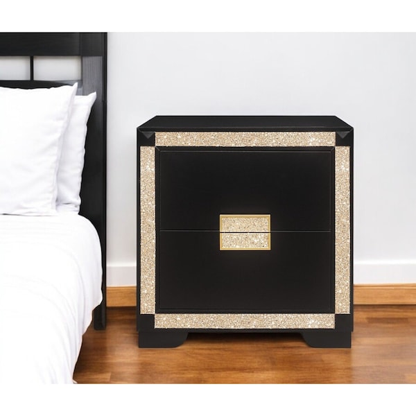 Homeroots 26" Black and Gold Two Drawer Faux Crystal Bling Wood Nightstand 564649 - main