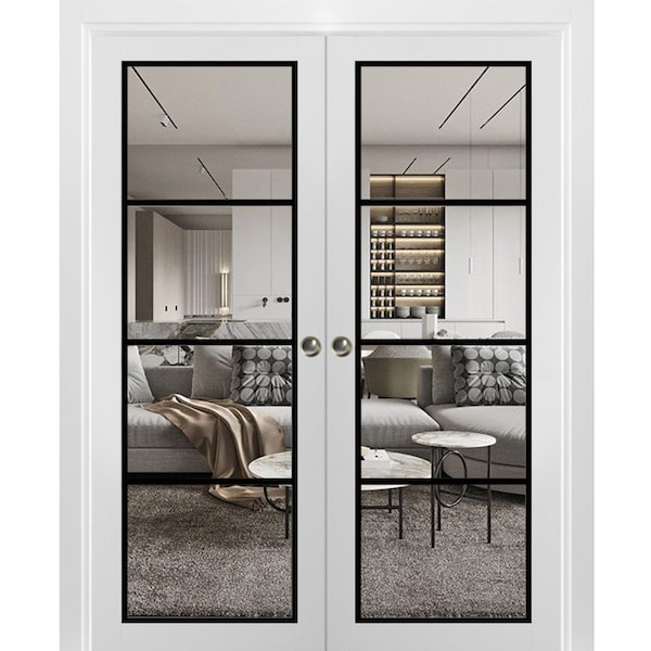 Sartodoors Sliding Double Pocket Door Clear Glass, Lucia 2466 White Silk and Aluminum Strips, Kit Trims Rail LUCIA2466DP-WS-48 x 80 (2* 24x80) - main