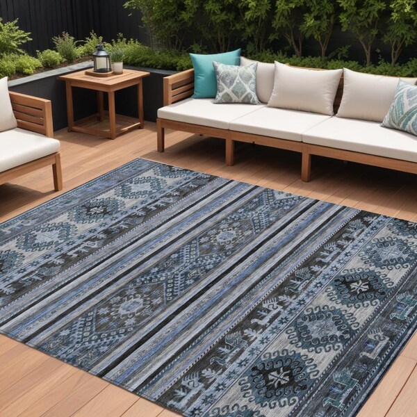 Homeroots 9' X 12' Blue Gray And Charcoal Tribal Washable Indoor Outdoor Area Rug 615402 - main