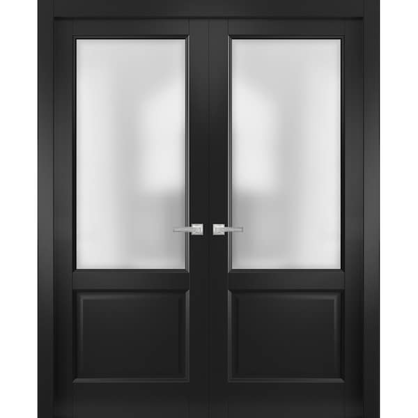 Sartodoors Solid Interior French Double Doors 64 x 80 inches, Lucia 22 Matte Black with Rain Glass, Wood Soli LUCIA22DD-BLK-64 - main