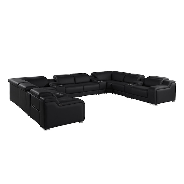 Homeroots Black Italian Leather Power Reclining U Shaped Twelve Piece Corner Sectional With Console 632554 - main