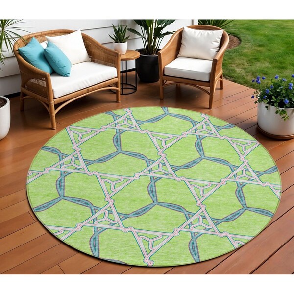 Homeroots 8' Lime Green And Blue Round Geometric Washable Indoor Outdoor Area Rug 613508 - main