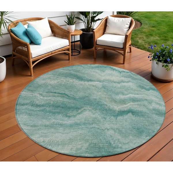 Homeroots 8' Teal Blue And Ivory Round Abstract Washable Indoor Outdoor Area Rug 631319 - main