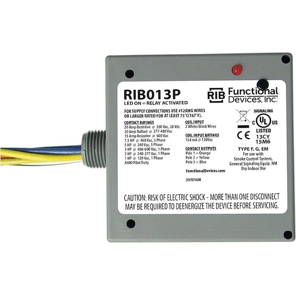 Functional Devices-Rib Enclosed Pre-Wired Relay, 20A at 300VAC, 3PST RIB013P - main
