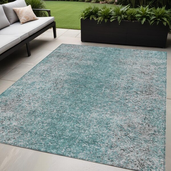 Homeroots 5' X 8' Teal Blue Gray And Charcoal Oriental Washable Indoor Outdoor Area Rug 588841 - main