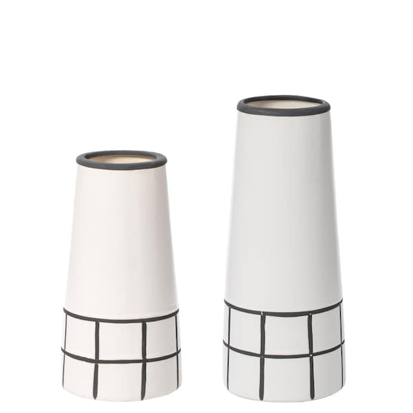 Uniquewise Set of 7in and 9.5in High Ceramic Modern Painted Grid Tapered Flower Table Vases, Black and White QI004059.2 - main