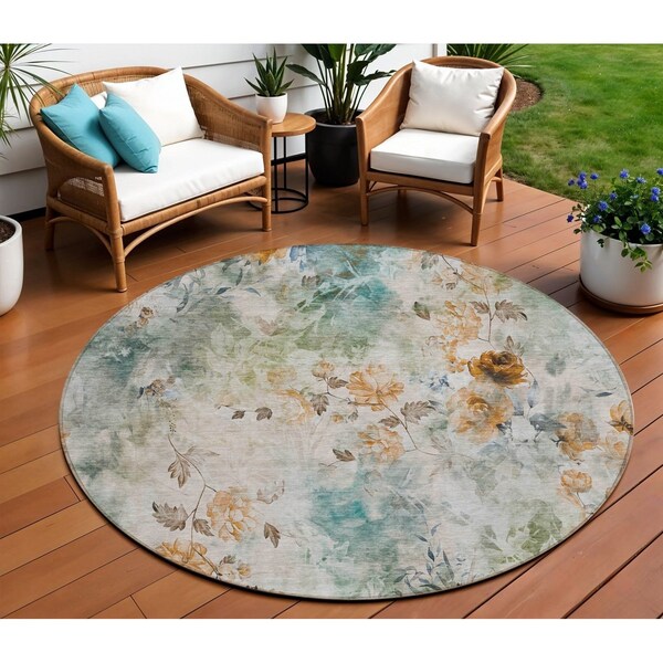 Homeroots 8' Teal Blue And Green Round Floral Washable Indoor Outdoor Area Rug 583144 - main
