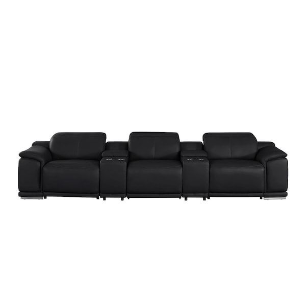 Homeroots 134" Black Top Grain Leather Reclining USB Sofa And Storage 643704 - main