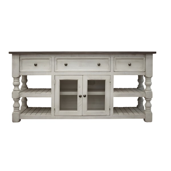 Homeroots 81" Ivory Solid Wood Open shelving Distressed TV Stand 528761 - main