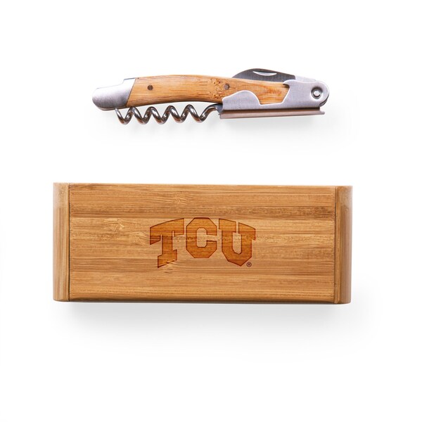 Picnic Time Family Of Brands NCAA TCU Horned Frogs Elan Deluxe Corkscrew In Bamboo Box 868-00-505-843-0 - main