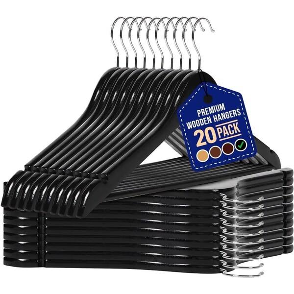 Lifemaster Wooden Hanger Set, Non-Slip, 360 Deg Swivel Hook, Space-Saving, Black, 20PK LMWD20BK - main