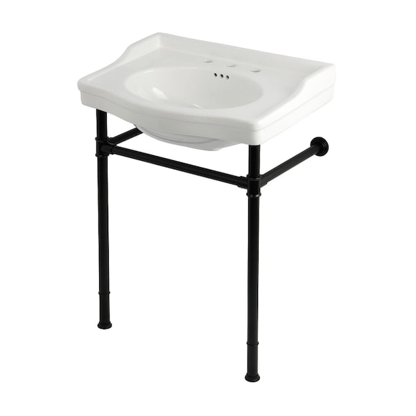 Kingston Brass 30" Ceramic Console Sink with Stainless Steel Legs, 8-Inch, 3-Hole, White/Matte Black KVPB30229W80 - main