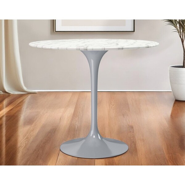Homeroots 32" White And Gray Rounded Stone And Metal Pedestal Base Dining Table 520851 - main