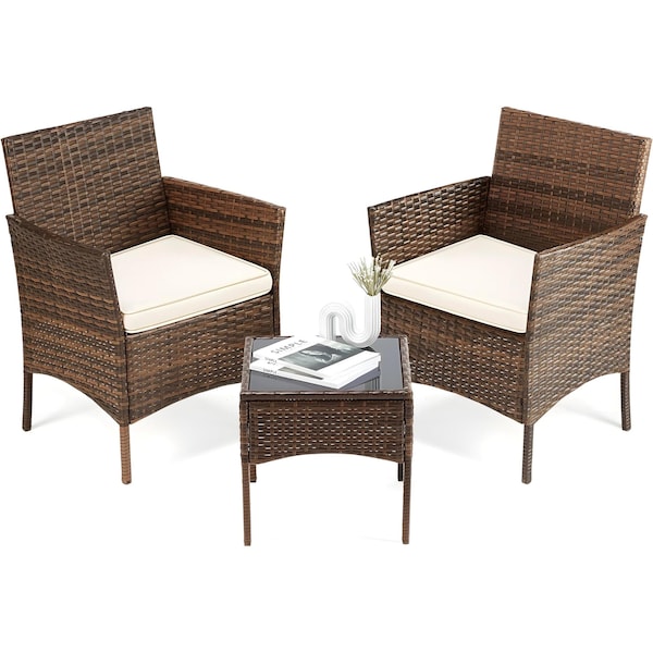 Yssoa 3-Piece Patio Furniture Set Outdoor Rattan Wicker Chairs with Comfortable Cushions and Glass 3A88FNSOFASET3RATTANBRN - main