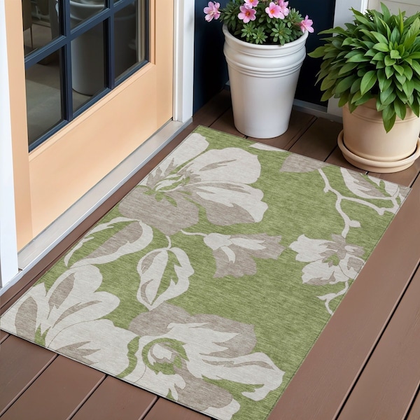 Homeroots 3' X 5' Olive Green Taupe And Beige Floral Washable Indoor Outdoor Area Rug 589560 - main