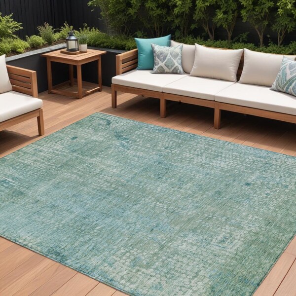 Homeroots 8' X 10' Teal Blue And Ivory Abstract Washable Indoor Outdoor Area Rug 631074 - main