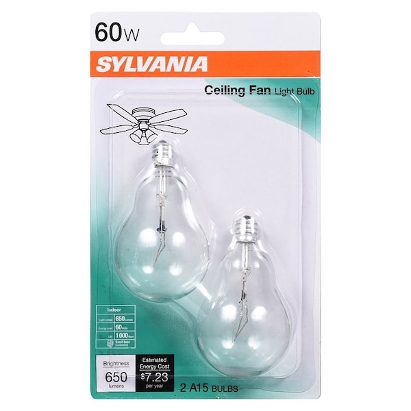 Sylvania Incandescent Lamp, 60 W, A15 Lamp, Candelabra E12 Lamp Base, 650 Lumens, 1000 hr Average Life 10894 - main