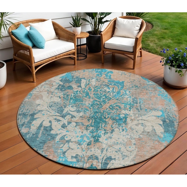 Homeroots 8' Teal Blue Ivory And Light Brown Round Damask Washable Indoor Outdoor Area Rug 596395 - main