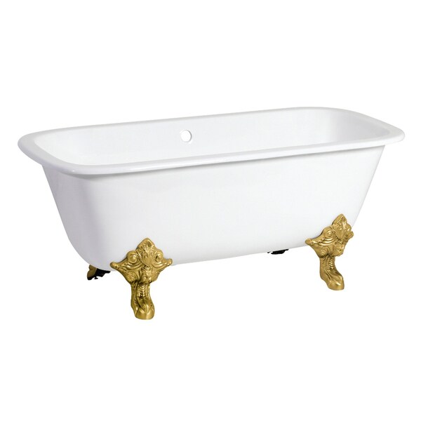 Kingston Brass 67" Cast Iron Rectangular Double Ended Clawfoot Tub, No Faucet Drillings, White/Brushed Brass VCTQND6732NL7 - main