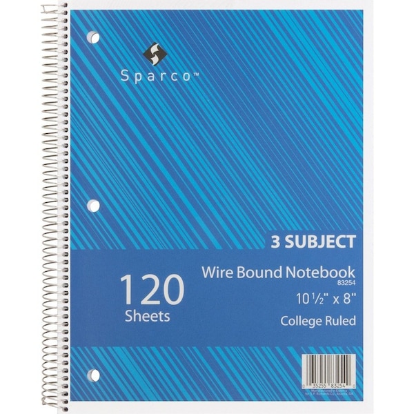Sparco 3-Subject Notebook, 8" x 10-1/2", College Ruled, Bright White, 120 Sheets/Pad 83254 - main