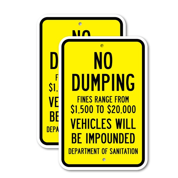 Signmission No Dumping Fines Range From $1 500 To $20 000 Vehicles, 18'' X 24'', Heavy Gauge Aluminum, 2PK A-1824-2PACK-2686 - main