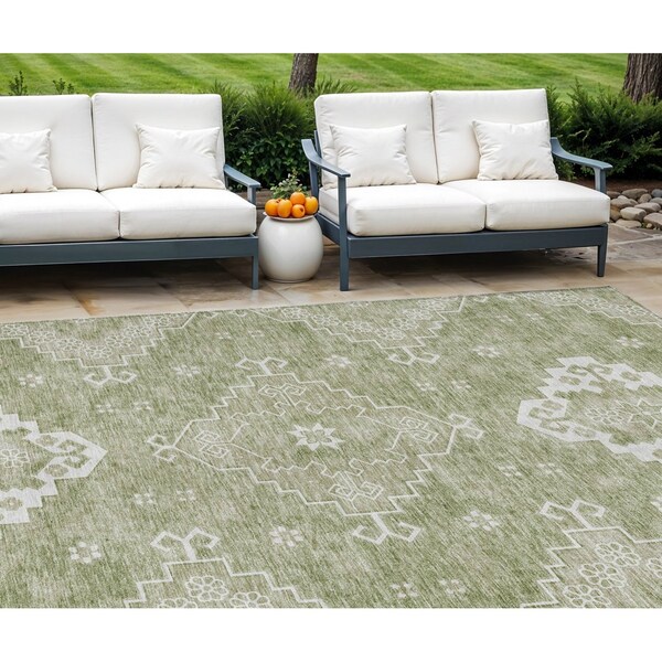 Homeroots 8' X 10' Artichoke Green Beige And Ivory Medallion Washable Indoor Outdoor Area Rug 589023 - main