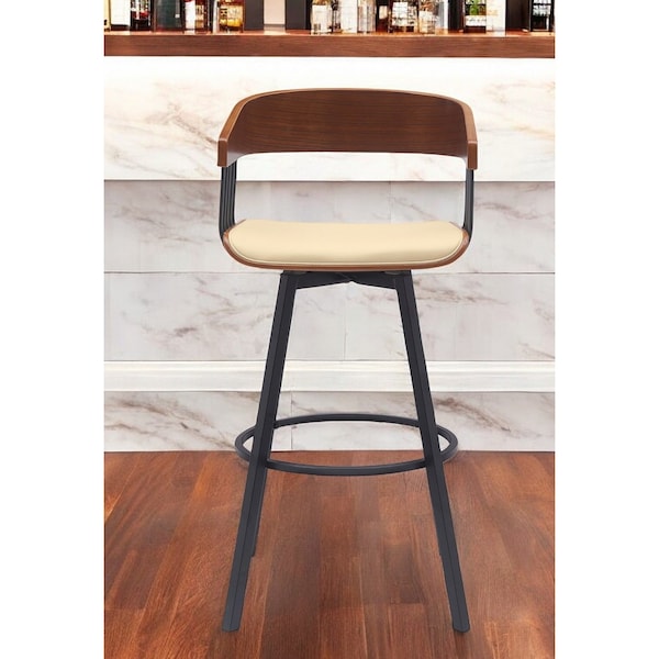 Homeroots 31" Cream and Black Faux Leather with Metal Swivel Bar Height Bar Chair 534456 - main