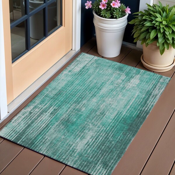 Homeroots 3' X 5' Teal Blue Aqua And Gray Striped Washable Indoor Outdoor Area Rug 577265 - main
