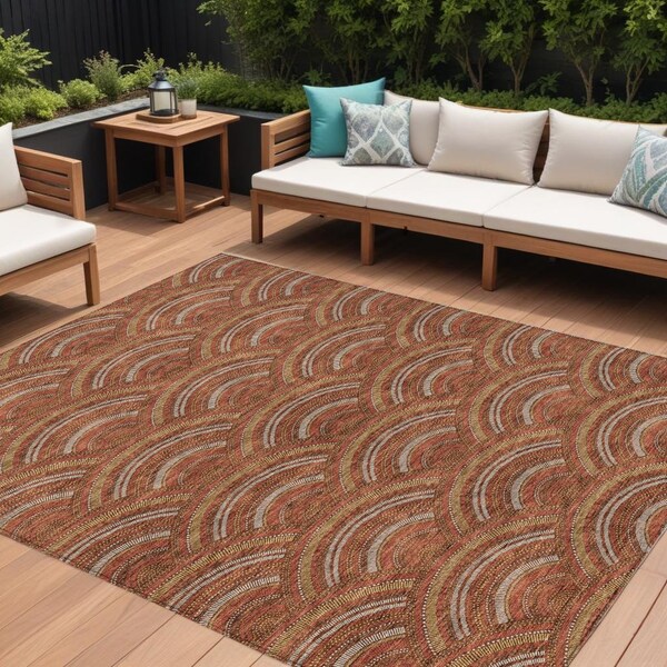 Homeroots 9' X 12' Orange Gold And Ivory Geometric Washable Indoor Outdoor Area Rug 615222 - main