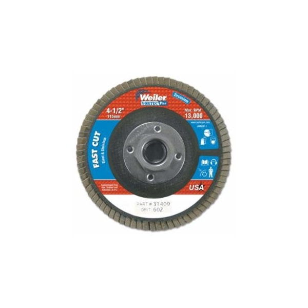 Weiler Vortec Pro Abrasive Flap Disc, Zirconium, 4-1/2 in dia, 60 Grit, 5/8 in-11 Arbor Thread, 13000 RPM 804-31409 - main