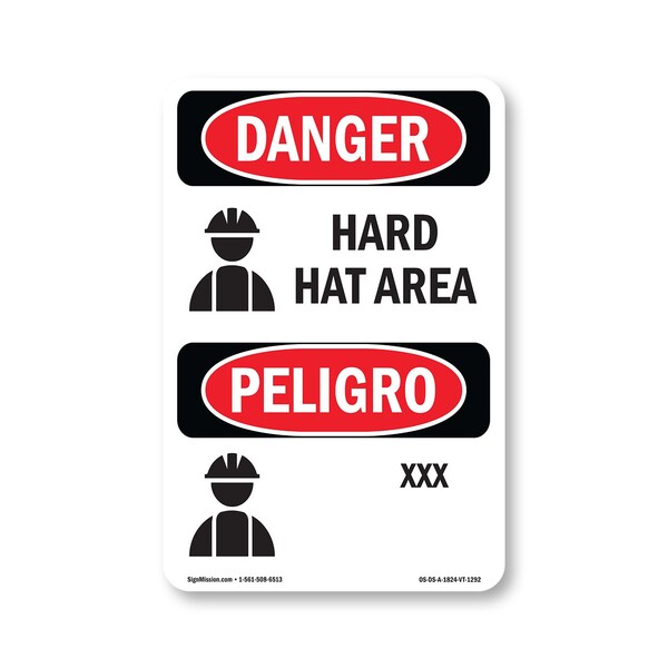 Signmission OSHA Danger Sign, Hard Hat Area Bilingual, 24in X 18in Aluminum, OS-DS-A-1824-VT-1292 OS-DS-A-1824-VT-1292 - main