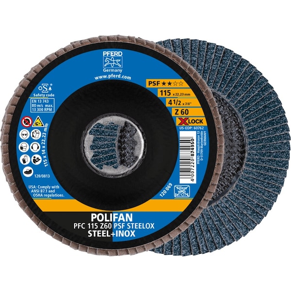Pferd 4-1/2'' X-LOCK POLIFAN Flap Disc - Z PSF STEELOX, Zirconia, 60 Grit, Conical 60762 - main
