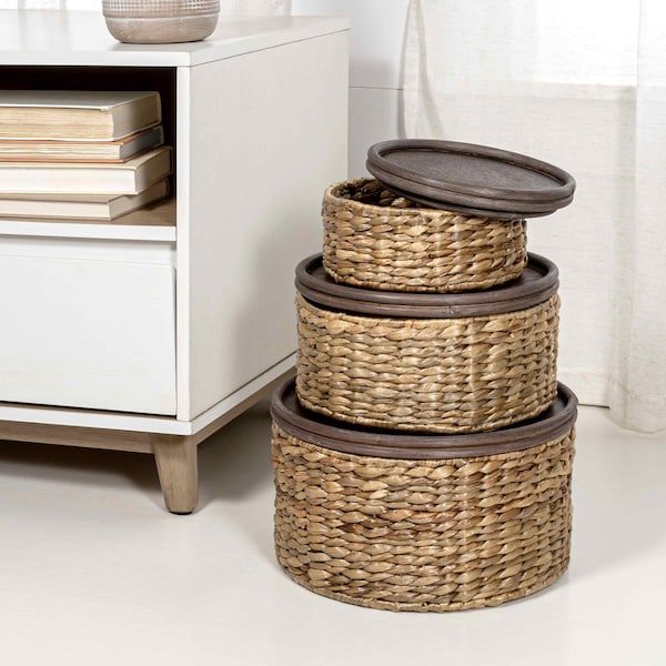 Happimess Gouda Southwestern Hand-Woven Hyacinth Circular Nesting Baskets with Wood Lids, Natural, 3PK BSK1004A-3SET - main
