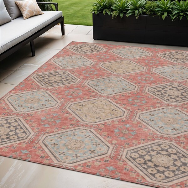 Homeroots 5' X 8' Salmon And Beige Floral Washable Indoor Outdoor Area Rug 610776 - main