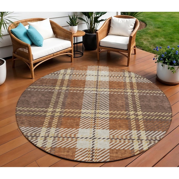 Homeroots 8' Chocolate Copper And Gold Round Plaid Washable Indoor Outdoor Area Rug 596323 - main
