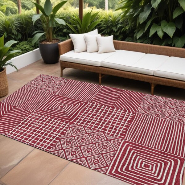 Homeroots 9' X 12' Red And Ivory Geometric Washable Indoor Outdoor Area Rug 600742 - main