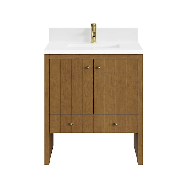James Martin Vanities Hudson 30" Sgl Vanity, Honey Oak w/ Sgl Hole 3 CM White Zeus Silestone Top and Matching Backsplash 435-V30-HNO-1WZ - main