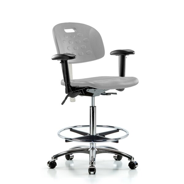 Blue Ridge Ergonomics CL100CleanRoom Chair - High Bench Height with Adj Arms, Chrome Foot Ring, & Casters in Gray Poly CLR-HPHBCH-CR-T0-A1-CF-CC-GRY - main